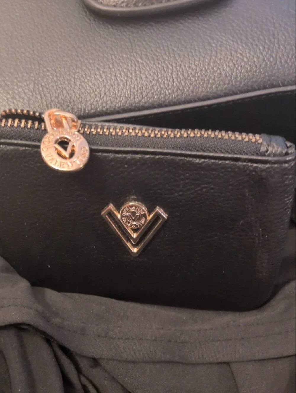 Valentino Orlandi Black Leather Crossbody with Gold V Accent